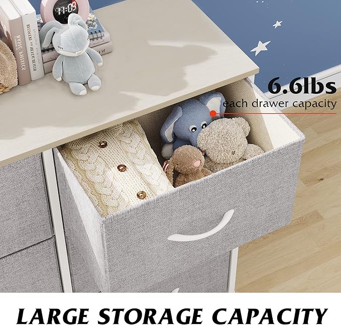 WLIVE Fabric Dresser for Bedroom, 6 Drawer Double Dresser, Closet Dresser with Fabric Bins, Chest of Drawers for Closet, Living Room, Hallway, Light Grey