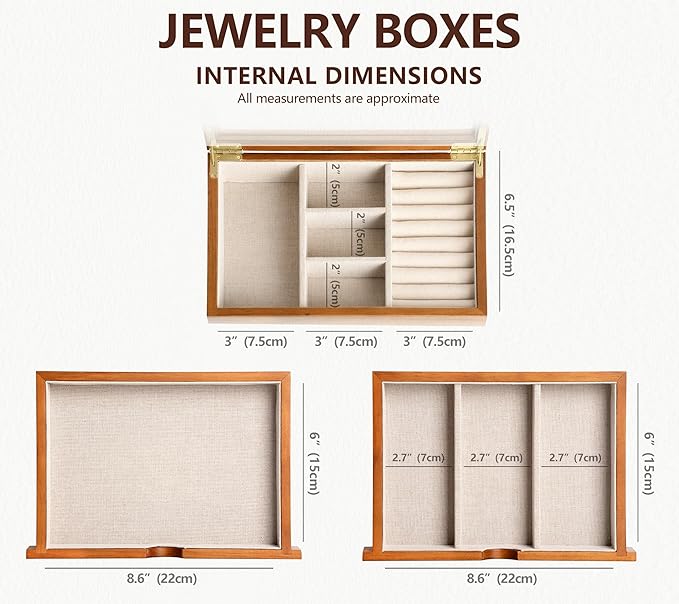 Jewelry Box with Glass Lid, 3 Layer Jewelry Organizer for Women, Solid Wooden Jewelry Box Display for Ring Earrings Necklace Bracelet, Pine Wood Jewelry Boxes Vintage Style for Gifts