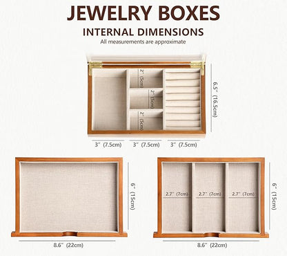 Jewelry Box with Glass Lid, 3 Layer Jewelry Organizer for Women, Solid Wooden Jewelry Box Display for Ring Earrings Necklace Bracelet, Pine Wood Jewelry Boxes Vintage Style for Gifts