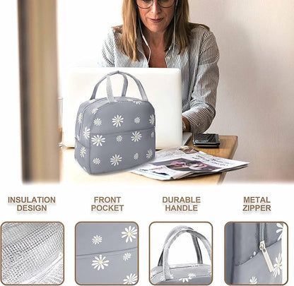 Sonuimy Insulated Lunch Bag Women Girls, Reusable Cute Tote Lunch Box for Adult & Men, Leakproof Cooler Lunch Bags for Work Office Travel School Picnic (Grey with White Daisy)