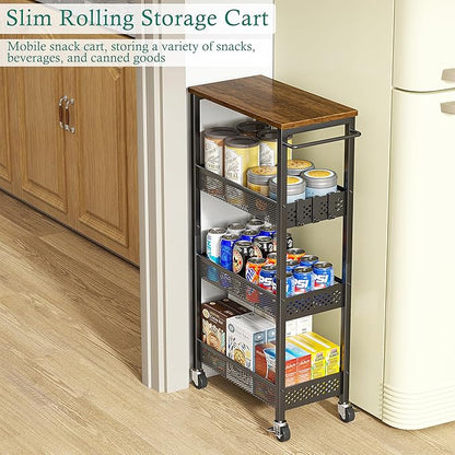 Slim Storage Cart 4 Tier Fruit and Vegetable Baskets for Kitchen Small Space, Narrow Laundry Cart on Wheels with Wooden Top and Metal Handle for Pantry, Bathroom, Laundry Room