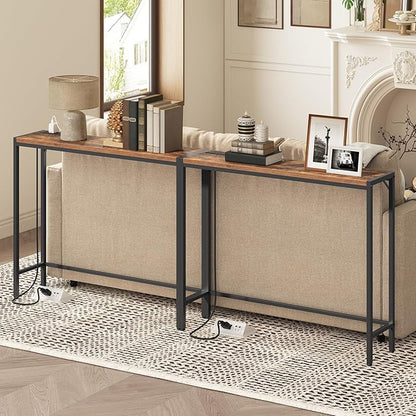 Console Table, 2 Pack Narrow Sofa Table, 43.3” Entrance Table with Power Station, Behind Couch Table, for Living Room, Hallway, Entryway, Foyer, Rustic Brown and Black CTHR112E01S2