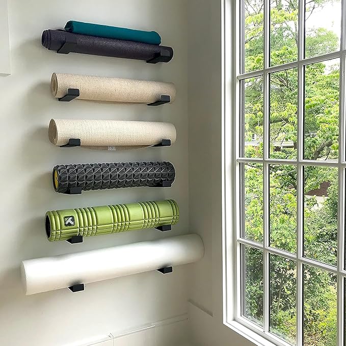 StoreYourBoard Yoga Mat Storage Rack, X-Large, Foam Roller Wall Hooks, 3 Exercise Mats, Fitness Gear Organizer (Large)