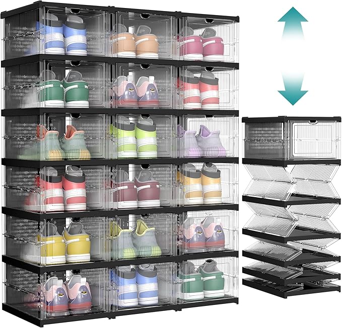 SONGMICS Foldable Shoe Boxes, Pack of 18 Stackable Shoe Storage Organizer, Set of 3 Integraed Shoe Cabinets, Portable, Fit up to US size 13, 60s Assembly, Transparent and Ink Black ULSP207B01