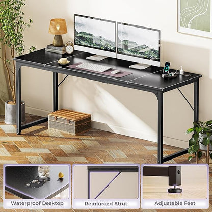 PRAISUN 70 X 24 Inch Office Computer Desk with Power Outlets and USB-C Port, Larger and Longer Gaming Desk, for Home Office, Study, Writing Work from Home Table, Metal Frame, Black