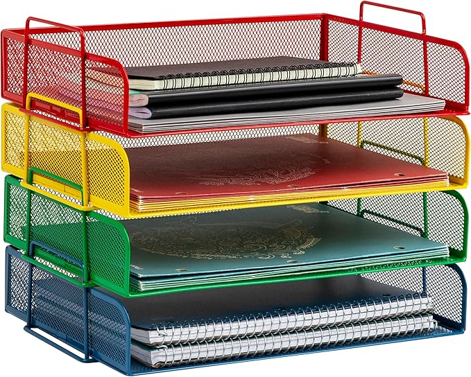 Mind Reader Stackable Paper Tray, Classroom Organizer, File Storage, Teachers, Metal Mesh, 4 Pcs., Multi-Colored