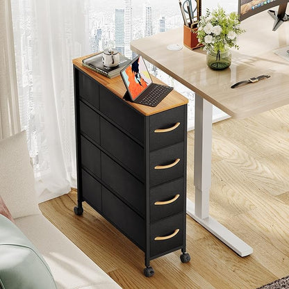 Narrow Dresser Storage Tower with 4 Drawers, Slim Dresser Chest of Drawers with Steel Frame, Wood Top, Dresser for Bedroom, Bathroom, Small Spaces, Laundry, Closet (Black)