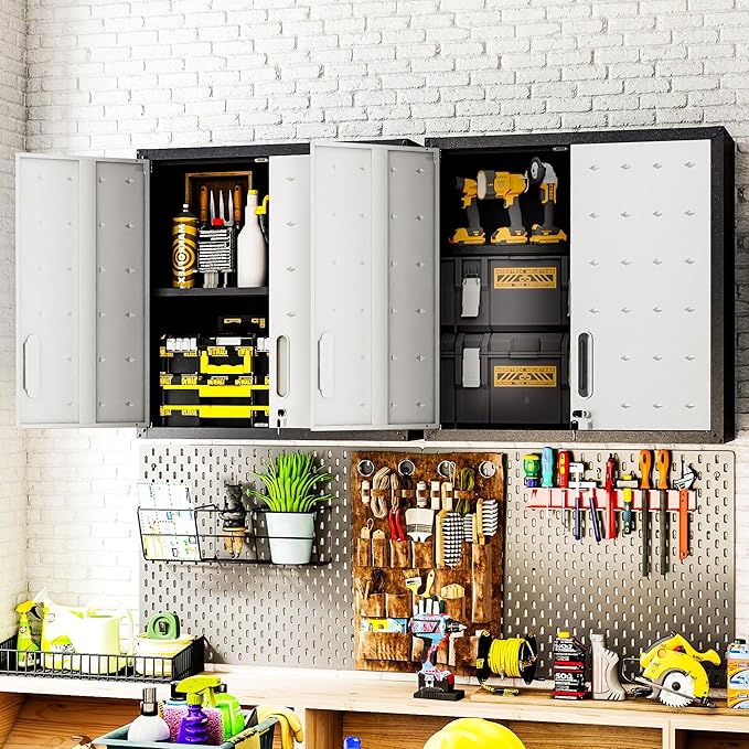 Metal Tool Cabinet,Garage Storage Cabinet System,Wall Cabinet & Locking Rolling Tool Cabinet with Doors and Adjustable Shelves,Steel Tool Cabinets for Home (2 Pcs-Wall-Style CC, Black & Grey)