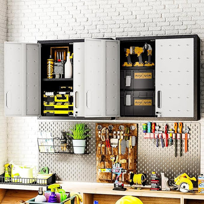 Metal Tool Cabinet,Garage Storage Cabinet System,Wall Cabinet & Locking Rolling Tool Cabinet with Doors and Adjustable Shelves,Steel Tool Cabinets for Home (2 Pcs-Wall-Style CC, Black & Grey)