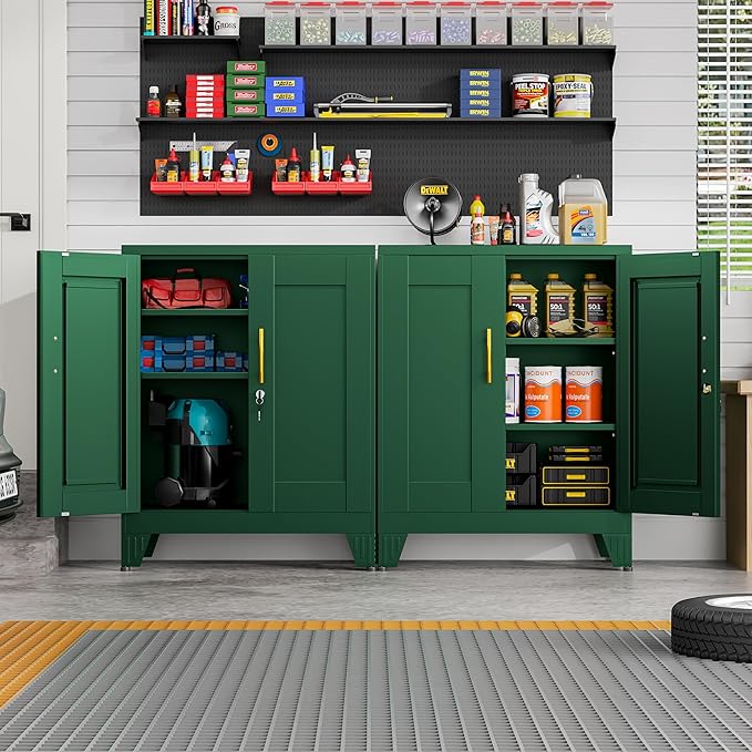 36" Tall Metal Storage Cabinet with Lock, File Cabinet with 2 Doors and 2 Adjustable Shelves, Green Bathroom Floor Storage Cabinets, Freestanding Small Locked Cabinets for Home/Office/Garage