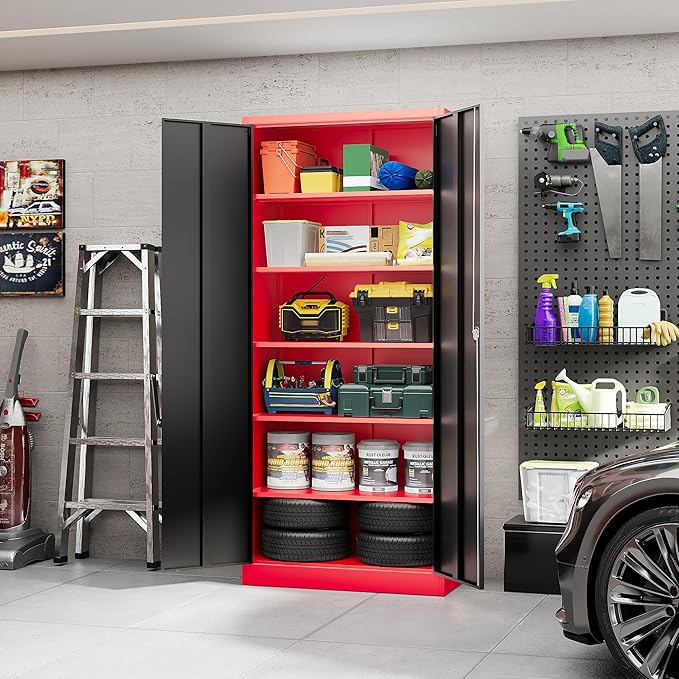 Yizosh Metal Garage Storage Cabinet with Lock Doors and 5 Shelves,- 71" Heavy Duty Steel Locking Tool Cabinet for Garage,Office,School (Red Black)