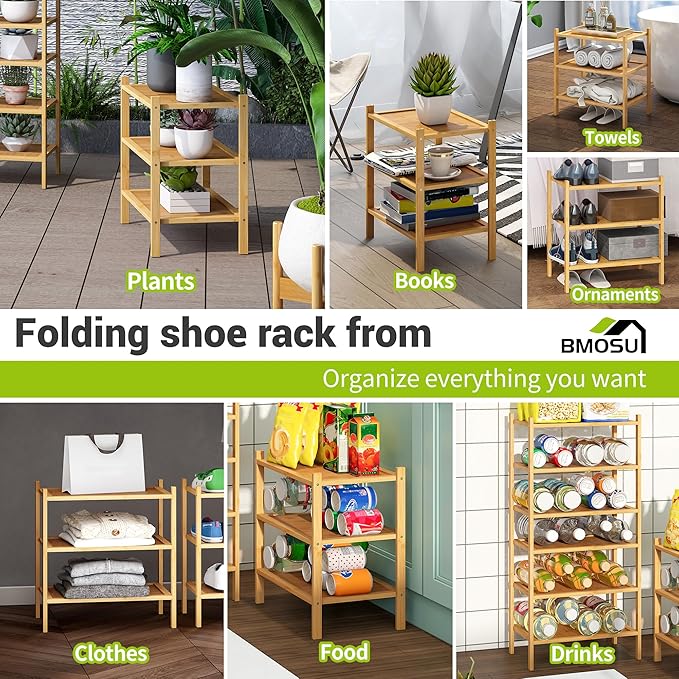 BMOSU 3-Tier Bamboo Small Shoe Rack Premium Stackable Shoe Shelf Storage Organizer for Hallway Closet Living Room Entryway Organizer(Natural)