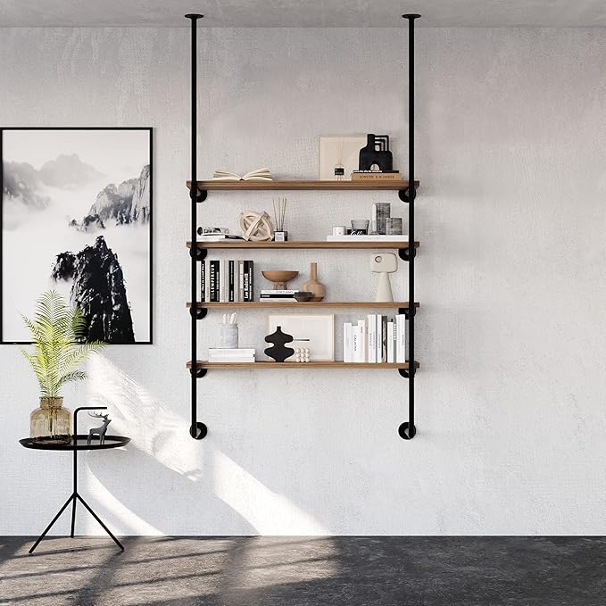 pamo Industrial Shelf Brackets Wall Mounted – Heavy Duty Floating Shelf Support, Black Steel Pipe Shelving, Adjustable DIY Shelf System, Modern Industrial Design (Boards Not Included)