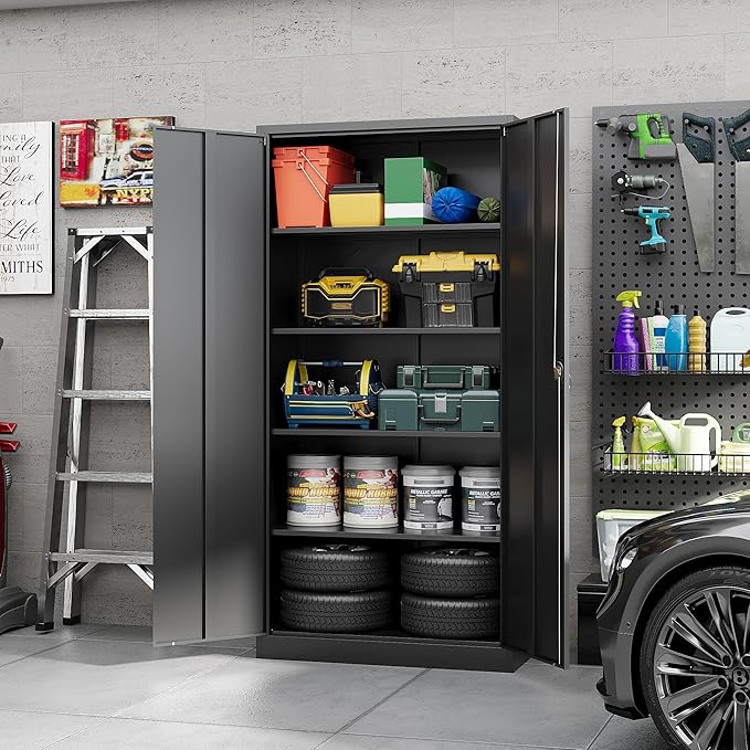 Yizosh Metal Garage Storage Cabinet with Lock Doors and 4 Shelves, -72" Steel Tool Cabinet for Garage,Heavy Duty File Cabinet for Office,School (Black)