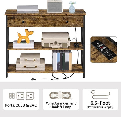 Yaheetech Console Table with 2 Outlets and 2 USB Ports, Industrial Entryway Table with Drawer and Storage Shelves, Narrow Sofa Tables with Metal Frame for Living Room, Hallway, Rustic Brown