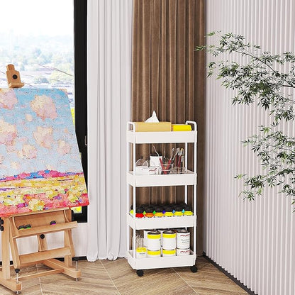 Buzowruil Rolling Storage Cart 4 Tier Organizer Mobile Shelving Unit Storage Rolling Utility Cart with Wheels for Kitchen Bathroom Laundry,White