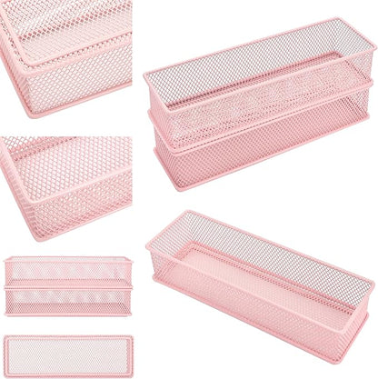 Annova Mesh Stackable Drawer Cabinet and Shelf Organizer Bins Storage Basket School Office Supply Holder Tray- Set of 2 (Light Pink, 3x9x2 Inch)