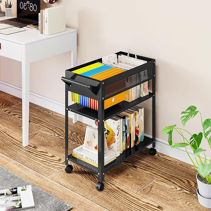 Rolling File Cart with Wheels Hanging Files,Rolling File Cabinet Organizer,Rolling Hanging File Folder Cart on Wheels,Metal Filing Cart,Fit A4/F4/Letter/Legal File for Home Office (Black Mesh)