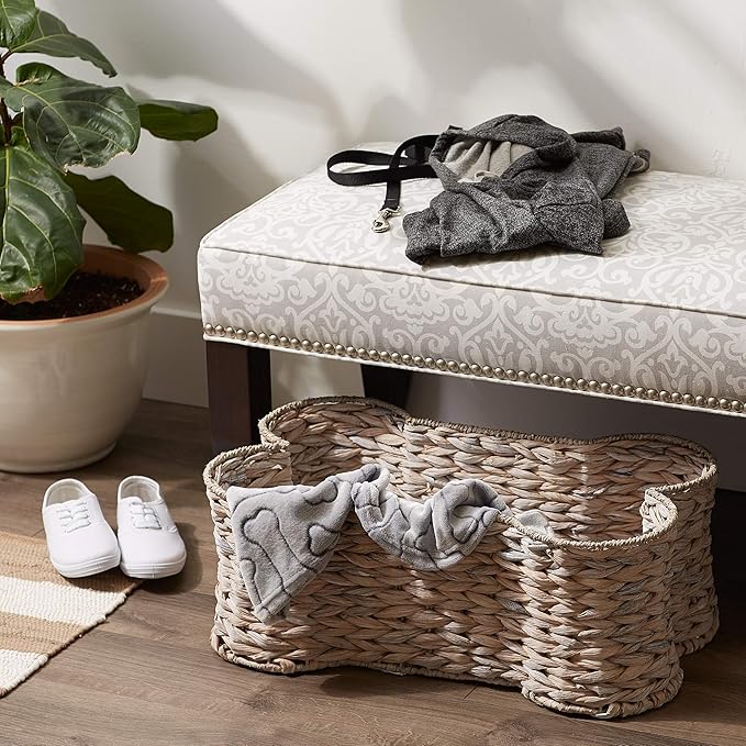 Bone Dry Pet Storage Collection, Bone Shape Hyacinth Toy Basket, White Wash, Large - 24x15x9"