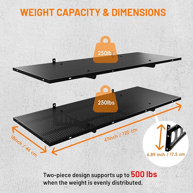 2-Pack 1.5x4ft Garage Wall Shelving, 500 Lbs Heavy Duty Garage Shelving Wall Mounted, Flat Metal Rack With Complete Install Kit & Hooks, Black