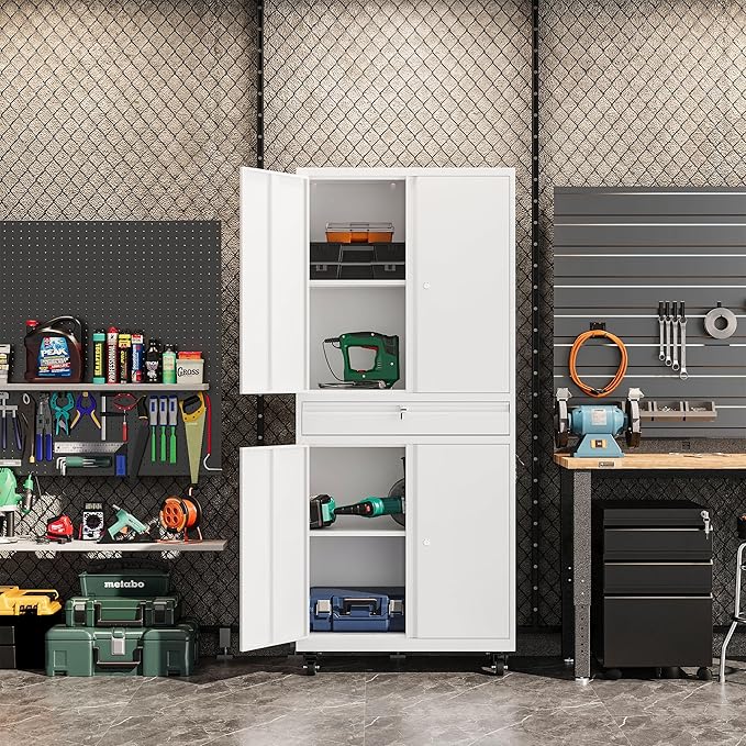 Metal Garage Storage Cabinet with Wheels, 73" Lockable Storage Cabinet with 2 Adjustable Shelves and 1 Drawer for Garage, Utility Room, Warehouse (White)