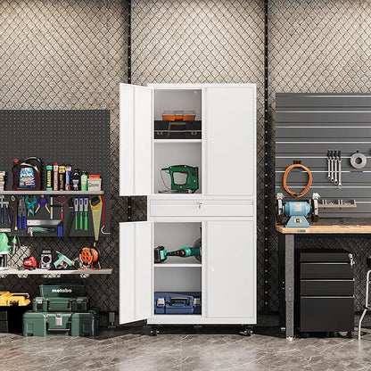 Metal Garage Storage Cabinet with Wheels, 73" Lockable Storage Cabinet with 2 Adjustable Shelves and 1 Drawer for Garage, Utility Room, Warehouse (White)