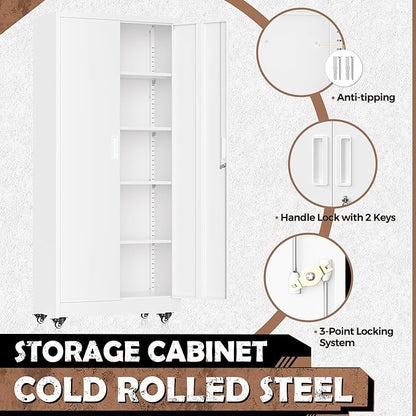 INTERGREAT Metal Storage Cabinet with Wheels, 73" Rolling Storage Cabinets with Door and 4 Shelves, Tall Storage Cabinets Locker on Caster for Home, Office(White)