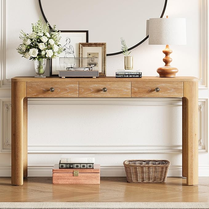 52" Rustic Console Table with Curved Corners for Safety,Entryway Table with 3 Concealed Drawers,Sturdy Sofa Table with Thick Legs for Hallway & Living Room,Natural
