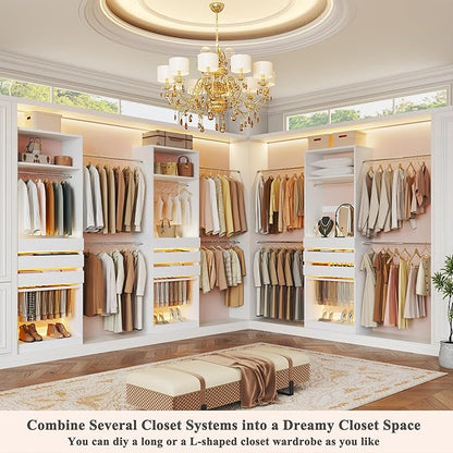 Closet System, 5.7-10.4FT Closet Organizer System with 6 Wood Drawers & LED Glasstop, Wood Walk-in Closet with 10 Hanging Rods & Trouser Rack, Built-in Wardrobe Garment Rack with Shelves & Tower,White