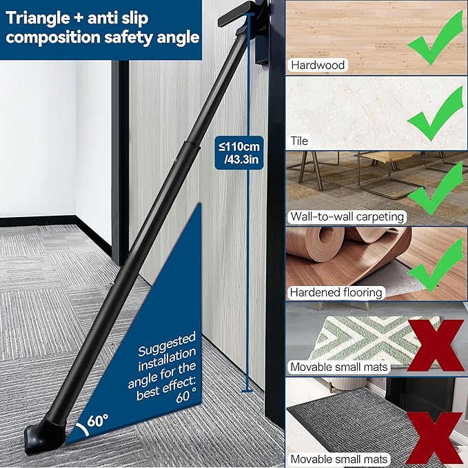 Door Security Bar, Rerishom Door Stoppers Security bar,Heavy Duty Door Lock Security Door Jammer Door Stopper for Apartment, Hotel Room,Screen Door Hardware (Dark Black, 1 Pack)