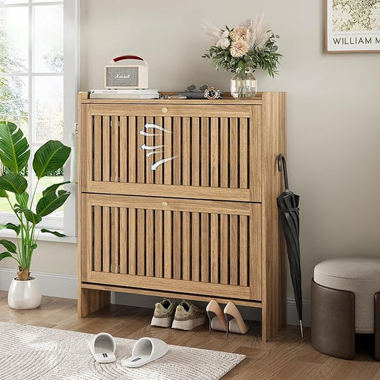 wanan 31.5" Shoe Cabinet with 2 Flip Slatted Drawers, Adjustable & Removable Panels, Narrow Shoe Cabinet Storage for Entryway, Hallway, Shoe Rack Organizer Cabinet, Light Oak