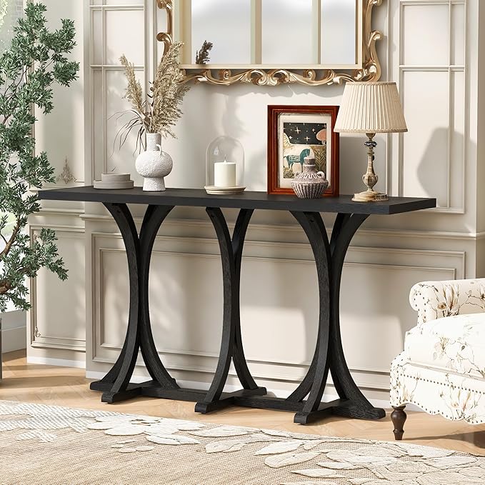 59.8" Wooden Console Table with Oak Veneer Top,Farmhouse Entryway Table with Rubber Wood Slender Curved Legs,Perfect for Living Room,Entryway,Hallway,Black