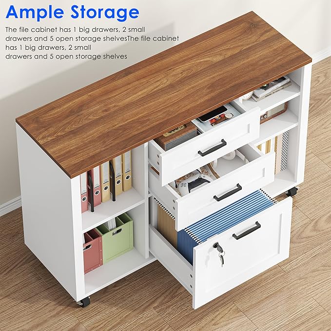 3 Drawer Wood Mobile Large lateral File Cabinet with Lock, Lockable Rolling Filing Cabinet with Open Storage Shelves, Printer Stand Office Storage for Home Office Fits Files Legal/A4, White
