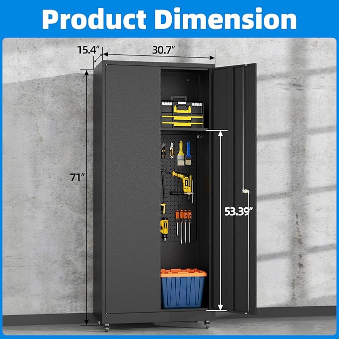 Garage Storage Cabinet with 4 Wheels,Lockable Tool Cabinets with Pegboard and 4 Adjustable Shelves,71" H Broom Closet Cabinets for Utility Room,Workshop,Black