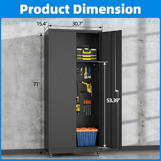 Garage Storage Cabinet with 4 Wheels,Lockable Tool Cabinets with Pegboard and 4 Adjustable Shelves,71" H Broom Closet Cabinets for Utility Room,Workshop,Black