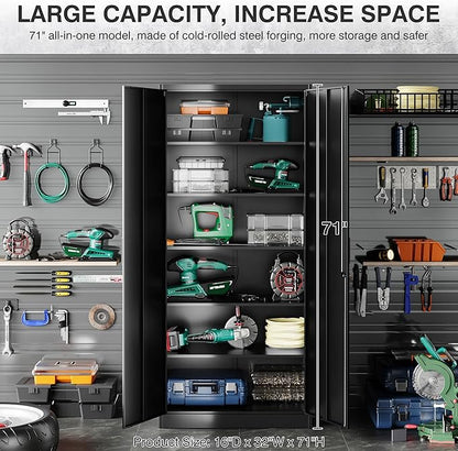 SISESOL Metal Storage Cabinet with 2 Doors and 6 Shelves,Black Metal Cabinet with Lock,71" Lockable Garage Storage Cabinets,Locking File Cabinet,Steel Tool Cabinets for Home,Office,Garage,Shop,School