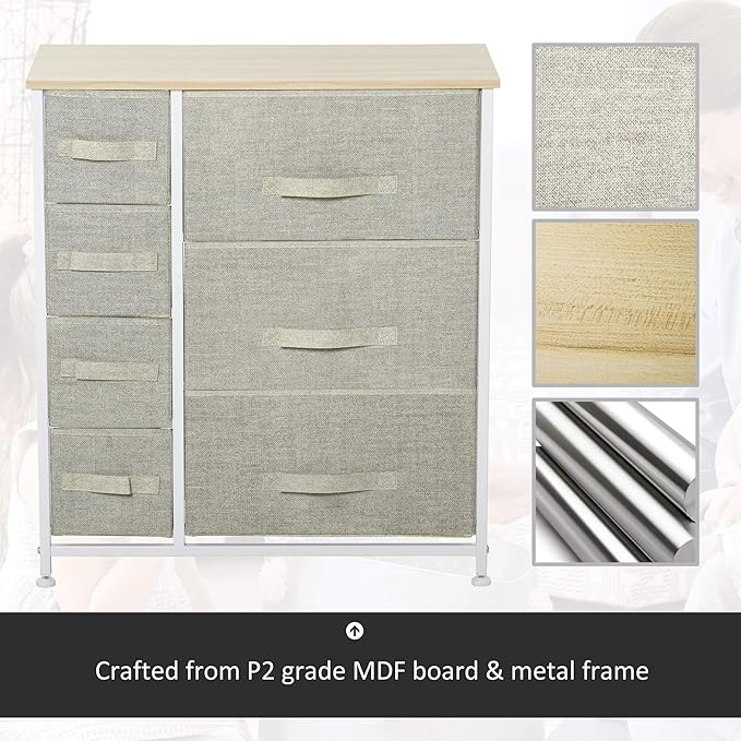 HOMCOM 7-Drawer Dresser Storage Tower Cabinet Organizer Unit, Easy Pull Fabric Bins with Metal Frame for Bedroom, Closets, Light Gray