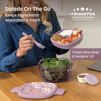 Bentgo Glass Prints Salad Container - 7.6-Cup Tinted Glass Salad Bowl with Airtight Lid, Leak-Proof Sauce Container, 4-Compartment Bento Meal Prep Tray & Reusable Fork (Floral Maximalist - Bouquet)