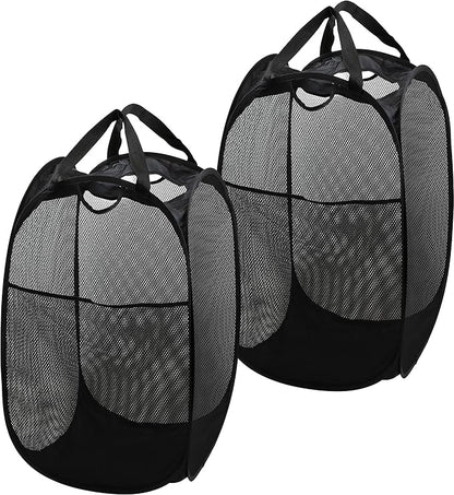 Simple Houseware Mesh Pop-Up Laundry Hamper Basket with Side Pocket, Black - 2 Pack