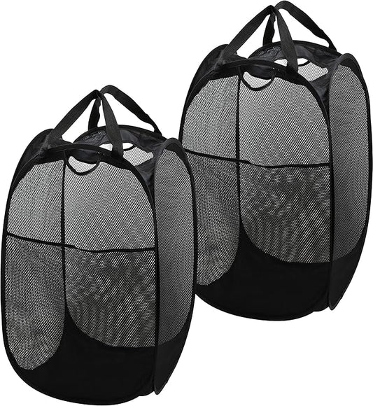 Simple Houseware Mesh Pop-Up Laundry Hamper Basket with Side Pocket, Black - 2 Pack