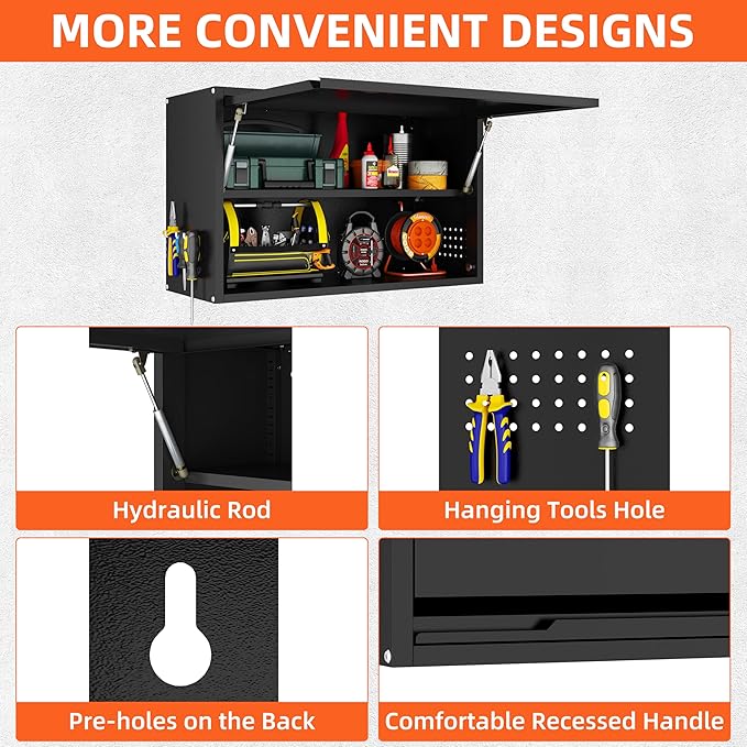 Garage Wall Cabinet, Floating Metal Wall Cabinet with Up-Flip Door and Shelves,19.7''H Hanging Wall Mounted Storage Cabinet for Garage, Warehouse, Workshop, RV