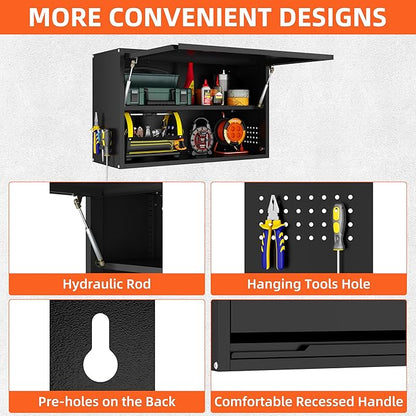 Garage Wall Cabinet, Floating Metal Wall Cabinet with Up-Flip Door and Shelves,19.7''H Hanging Wall Mounted Storage Cabinet for Garage, Warehouse, Workshop, RV