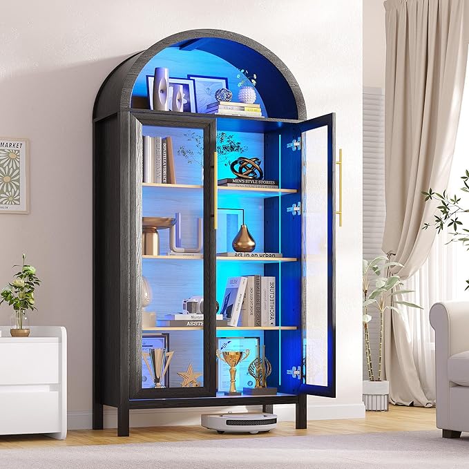 Display Cabinet with Glass Doors, 5-Tier Tall Curio Cabinet with LED Lights Display Case for Collectibles, Black