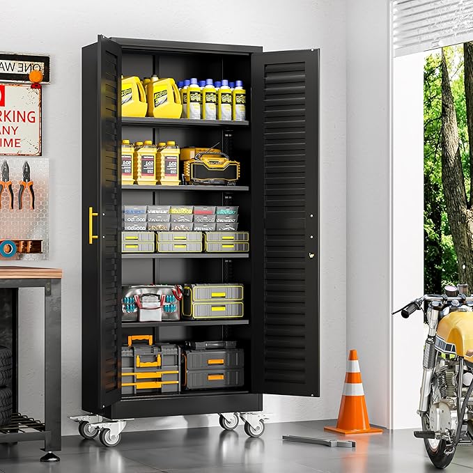 71” Metal Garage Storage Cabinet with Lock and Wheels, Metal Storage Cabinet with Louvered Door and 4 Adjustable Shelves, Rolling Tool Cabinet, Utility File Cabinet for Home Office -Black
