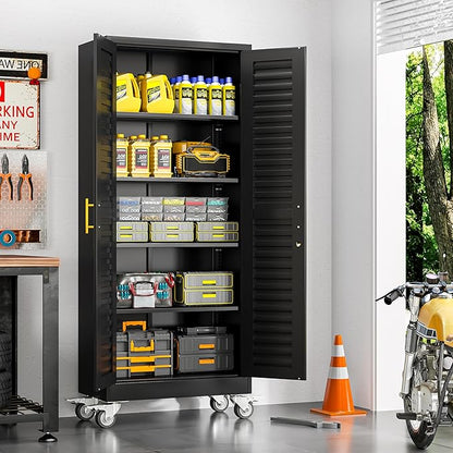 71” Metal Garage Storage Cabinet with Lock and Wheels, Metal Storage Cabinet with Louvered Door and 4 Adjustable Shelves, Rolling Tool Cabinet, Utility File Cabinet for Home Office -Black