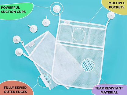 2 x Mesh Bath Toy Organizer + 8 Ultra Strong Hooks – The Perfect Bathtub Toy Holder & Bathroom or Shower Caddy – These Multi-use Net Bags Make Baby Bath Toy Storage Easy – For Kids & Toddlers