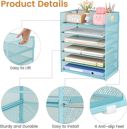 Subekyu 6-Tier Desk Paper Organizer, Desktop File Letter Tray with Handle, Document Sorter and Accessories Holder for Office, Home and School Workspace Organizers, Blue-2 Pack