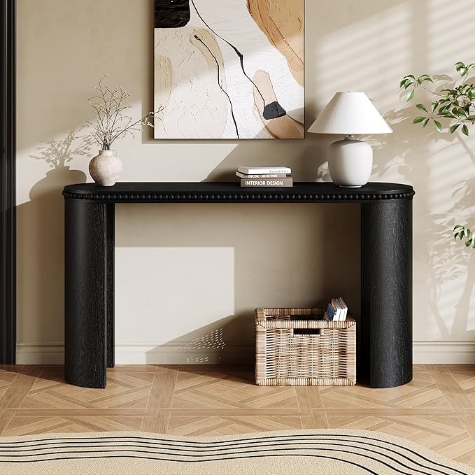 Vintage Console Table with Beaded Trim and Reversible Curved Legs, Natural Wood Veneer Finish Entryway Accent Table, Long Sofa Table Behind Couch for Hallway, Living Room (Black-J58)