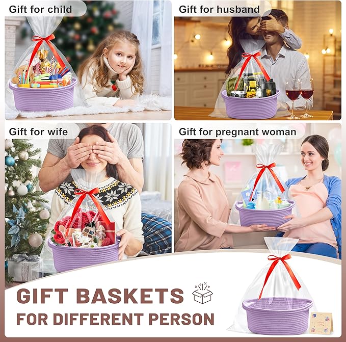 Small Woven Purple Gifts Basket for Storage Empty with Ribbons and Bags Durable Cute Gifts 12"X 8" X 5" Small Rope Basket for Gifting