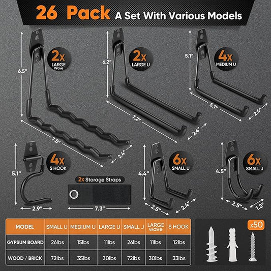 Nacial 26 Pack Garage Hooks Heavy Duty, Utility Steel Garage Storage Hooks with 2 Extension Cord Storage Straps, Utility Garage Wall Mount Hooks for Hanging Bike, Ladder and Garden Tools, Black